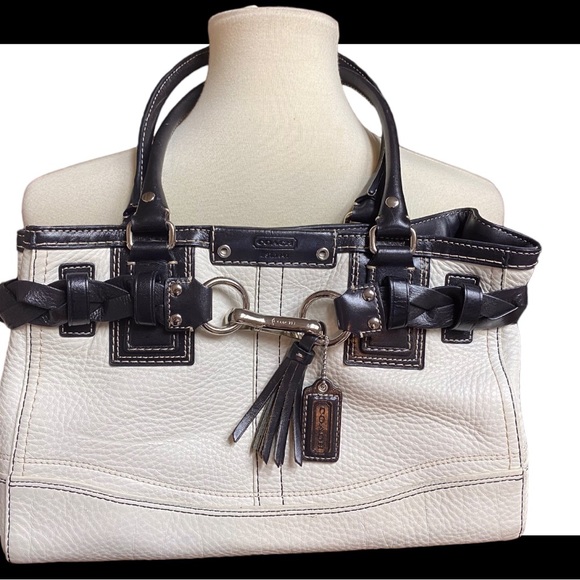 Coach Hampton F13084 White Leather Carryall Braid Accent Handbag Purse - Picture 1 of 12